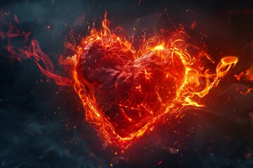 A 3D rendering of a heart made of red hot burning coals with flames. - obrazy, fototapety, plakaty