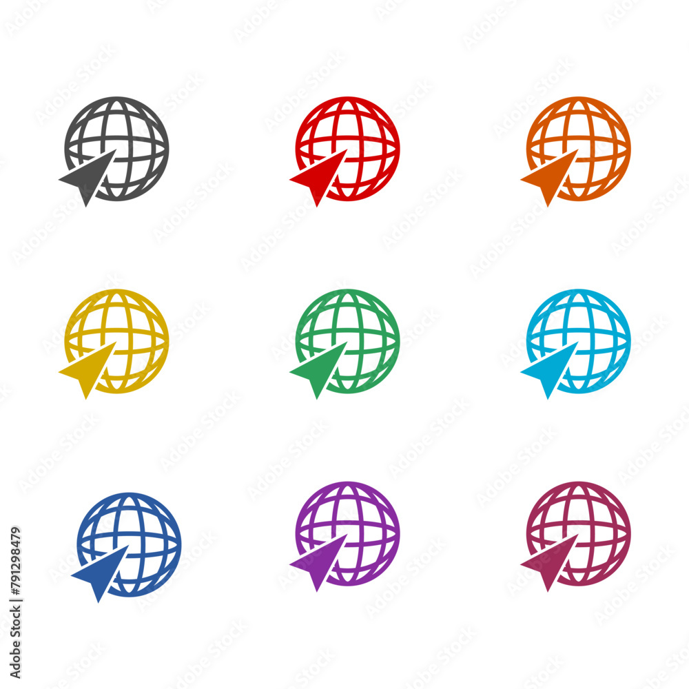 Poster click to go to website or internet icon isolated on white background. set icons colorful