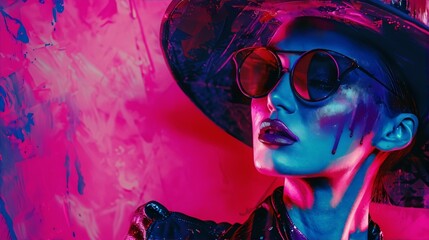 Glowing pink blue woman face with hat and sunglasses on bright pink background, fashion, digital art, portrait, surrealism.