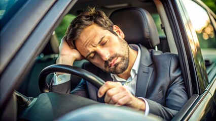 A man sleeping in his car. - obrazy, fototapety, plakaty