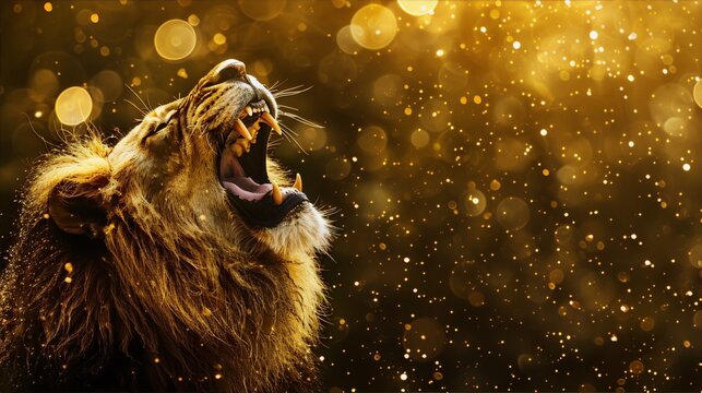 Lion's roar in the savanna at sunset, with a golden background and a blurred foreground