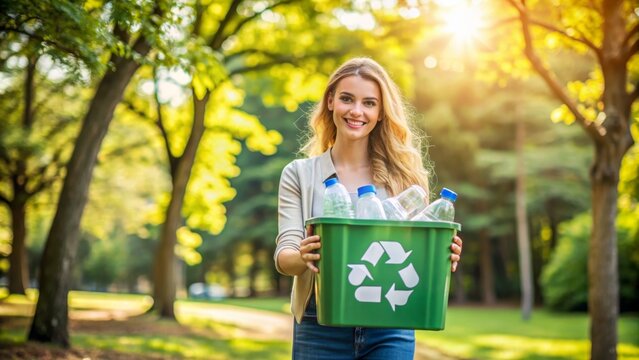 Girl recycling plastic bottles to protect the environment