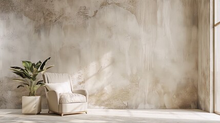 Minimalist interior design with a beige armchair and a potted plant against a textured concrete wall in neutral colors,3d illustration