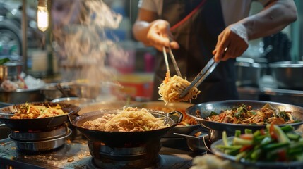 Fototapeta premium Noodles being cooked in a wok with chopsticks held by a chef in a busy Asian street food market