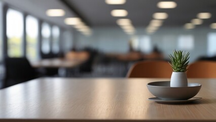 Corporate Workspace Table Amid Blurred Office Scene