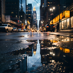 Abstract reflections in rain puddles on a city street - obrazy, fototapety, plakaty