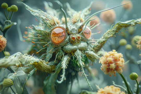 A macro shot of a strange insect with large eyes and a green body covered in spikes and bristles.
