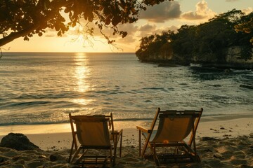 Fototapeta premium A pair of chairs summer tropical beach lapis ocean shore white sand vacation sunbathing island nature holiday clear sky weather coast seaside paradise maldives bali exotic sunny carribean