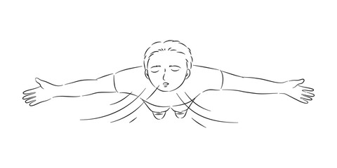 Top view of relaxed boy breathing fresh air and arms outstretched.