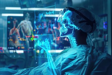 A digital twin of a patient's anatomy aiding surgeons in preoperative planning for complex surgeries. Text: "Precision surgery through virtual preparation
