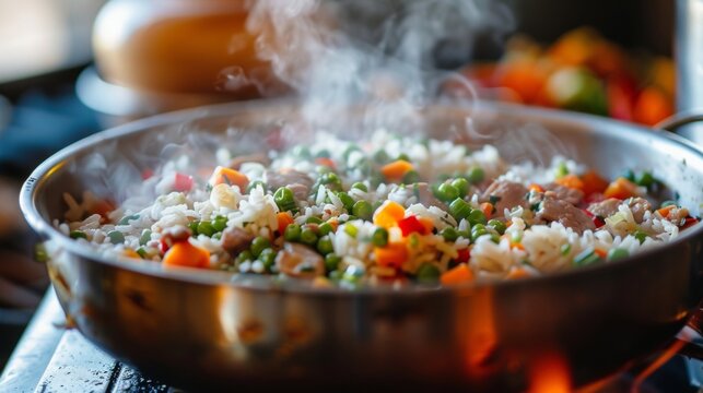 Closeup of a steaming pot of rice fresh off the fire and ready to be served alongside a colorful array of stirfried vegetables and succulent chunks of meat. .