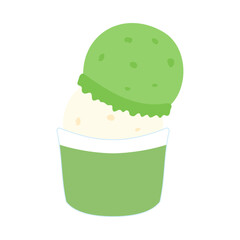 カップに入った抹茶味とバニラ味のアイスクリーム。フラットなベクターイラスト。
Ice cream in matcha (green tea) and vanilla flavors in a cup. Flat vector illustration.