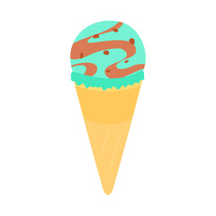 レギュラーコーンに入ったチョコミント味のアイスクリーム。フラットなベクターイラスト。
Ice cream with mint chocolate chip flavor in a regular cone. Flat vector illustration.