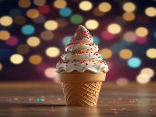 3D rendering of a happy ice cream cone with sprinkles The ice cream cone is in front of a blurred background of bokeh lights