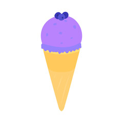 レギュラーコーンに入ったブルーベリー味のアイスクリーム。フラットなベクターイラスト。
Ice cream with blueberry flavor in a regular cone. Flat vector illustration.