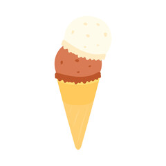 レギュラーコーンに入ったバニラ味とチョコレート味のアイスクリーム。フラットなベクターイラスト。
Ice cream with vanilla and chocolate flavor in a regular cone. Flat vector illustration.