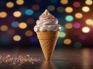 3D rendering of a happy ice cream cone with sprinkles The ice cream cone is in front of a blurred background of bokeh lights