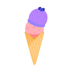ワッフルコーンに入ったイチゴ味とブルーベリー味のアイスクリーム。フラットなベクターイラスト。
Ice cream with strawberry and blueberry flavor in a waffle cone. Flat vector illustration.