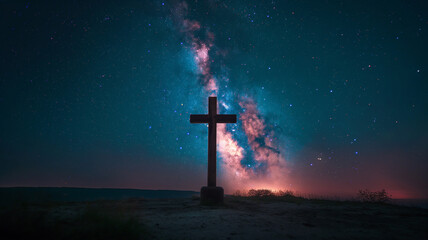 A large wooden cross is standing in the middle of a field of stars - obrazy, fototapety, plakaty