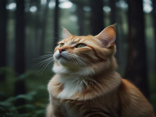 A beautiful cat with a double exposure of a forest