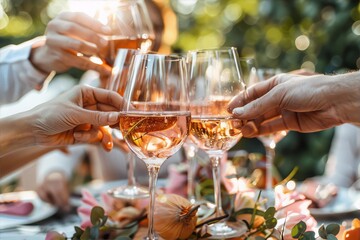 Elegant hands toasting with rose wine glasses at a garden party, conveying joy and celebration in a painterly style with soft colors and a sense of movement.