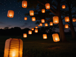 A beautiful night sky is filled with glowing paper lanterns The lanterns are lit from within and they cast a warm and inviting glow