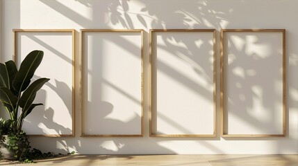Four minimal wooden frames with shadows of leaves on a white wall and a potted plant on the left