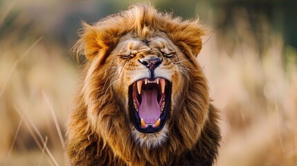 Fototapeta premium A roaring lion with a golden brown mane, set against a blurred background in a wildlife photography style, conveying the ideas of power, ferocity, and wilderness.