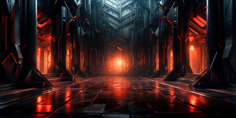 Mysterious Futuristic Corridor with Geometric Design and Red Neon Lights