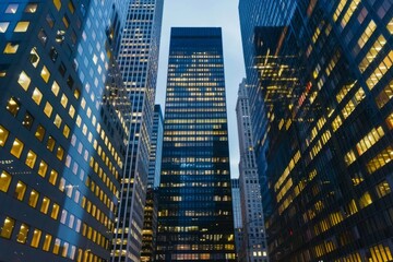 Modern office building windows lit in evening night early morning long working hours exhaustion overtime exterior urban architecture skyscraper lights tower financial sector banking hq headquarters