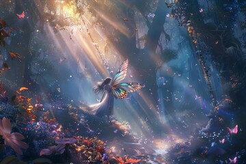 Mystical ethereal nymph with iridescent wings stands amidst an enchanted ethereal grove bathed in dappled sunlight in the heart of a surreal dreamlike forest