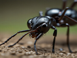 A closeup of a black ant with a shiny exoskeleton The ant is facing the viewer with its antennae raised