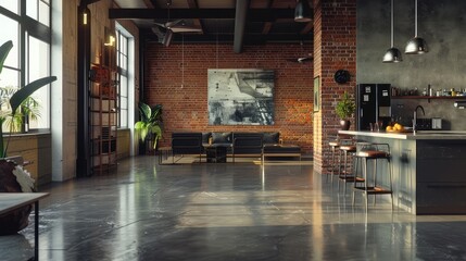 A modern urban loft with industrial-chic design elements, featuring exposed brick walls, polished...