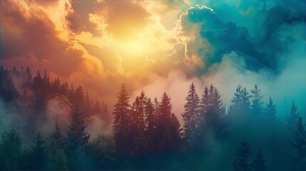 Mystical pine forest landscape with vibrant clouds and mist in the morning light, digital art