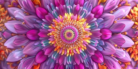 Obraz premium vibrant detailed 3D rendering of a purple pink yellow orange flower in full bloom with a mesmerizing spiral pattern of petals