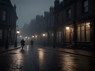 A dark and foggy street in a Victorian city The gas lamps are lit and the street is empty except for a few people walking in the distance