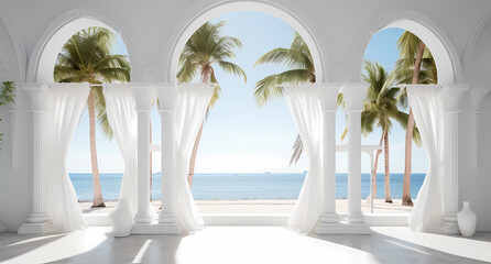 White arches with palm trees and beach