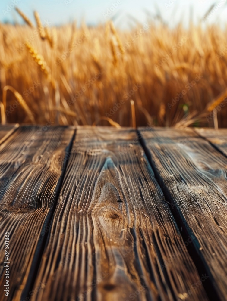 Canvas Prints Wooden table with field of wheat in background