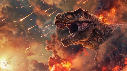 Fototapeta premium Fiery Dinosaur Extinction Event: Brown T-Rex orange fire apocalyptic scene. 