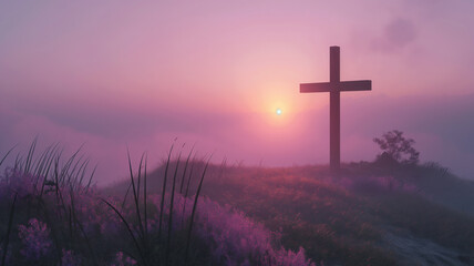 A cross is on a hillside with a purple sky in the background