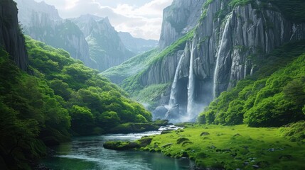 A serene meandering river cutting through a verdant valley, flanked by towering cliffs adorned with cascading waterfalls, creating a picturesque landscape of natural beauty.