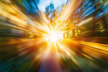 Sun rays in motion blur through dense summer forest trees in vivid warm colors convey the feeling of speed and energy, dynamism, movement, and force - obrazy, fototapety, plakaty