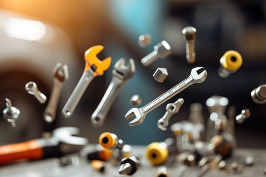 Car repair tools in workshop, Objects levitating or floating in the air randomly.