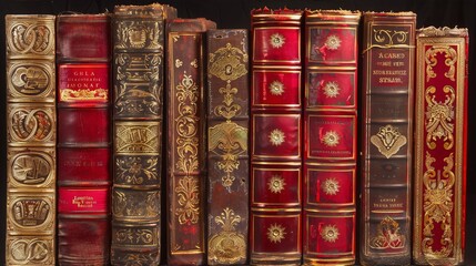 ornate antique leather book spines in red and gold, with elaborate gold tooling, conveying a sense of history, knowledge, and luxury.