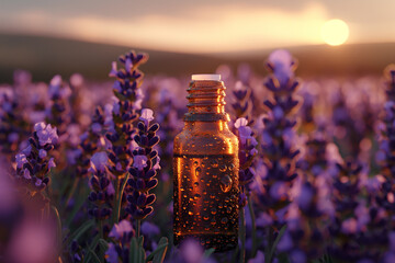 A bottle of lavender oil is sitting in a field of purple flowers