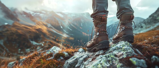 Capture the essence of adventure with a stunning panoramic view of a rugged mountain trail Depict hikers wearing durable, supportive boots that showcase intricate details. - obrazy, fototapety, plakaty