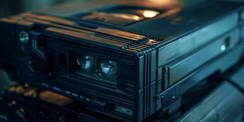 Retro VHS video camera recorder with blue and orange lights on black background, close up, still life photography