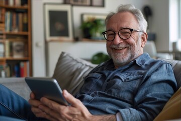 Smiling senior man relaxing on couch at home using tablet