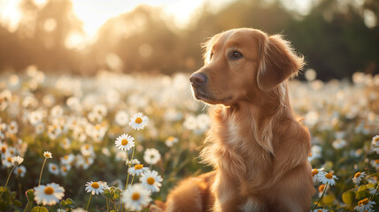 A brown dog is sitting in a field of flowers