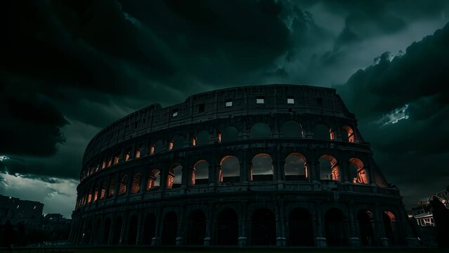 Video animation of iconic Colosseum in Rome under a dramatic, cloud filled night sky, illuminated by artificial lights that highlight its ancient architecture.